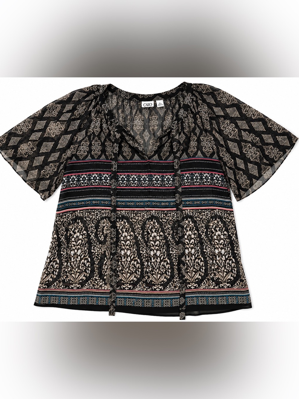 Cato Black Boho Printed Split-Neck Flutter Sleeve Peasant Blouse - Size XXL - Picture 4 of 6